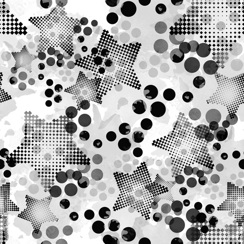 Seamless pattern monochrome design. Black and white background with stars, dots and watercolor effect. Textile print for bed linen, jacket, package design, fabric and fashion concepts.