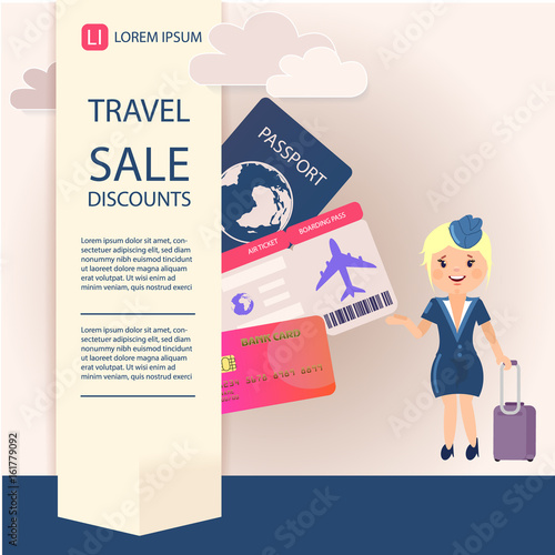 Pictures on the topic of travel by plane and the image of the stewardess, passport and tickets for the plane. For a banner or a poster.