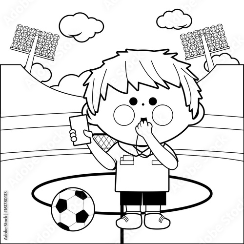 Soccer referee at a stadium. Vector black and white coloring page
