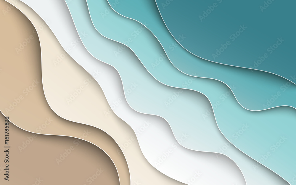 Fototapeta Abstract blue sea and beach summer background with curve paper waves and seacoast for banner, flyer, invitation, poster or web site design. Paper cut out art style, space for text, vector illustration