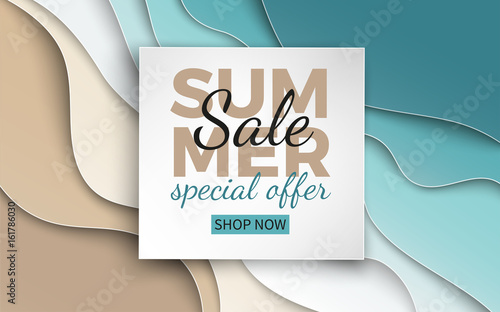 Summer sale banner with paper cut frame on blue sea and beach summer background with curve paper waves and seacoast for banner, flyer, poster or web site design. Paper cut style, vector illustration
