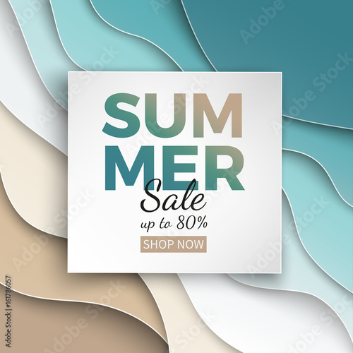 Summer sale banner with paper cut frame on blue sea and beach summer background with curve paper waves and seacoast for banner, flyer, poster or web site design. Paper cut style, vector illustration