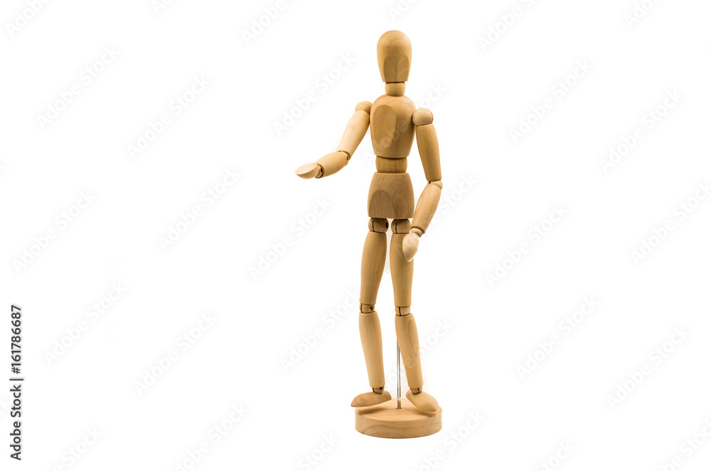 wooden man puppet stand on white background stretching a hand wooden man puppet stand on white background stretching a hand