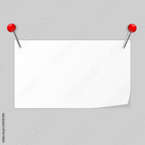 White paper for messages attached with push pins on gray background