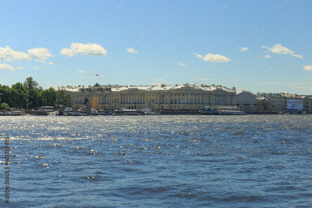 SAINT-PETERSBURG, RUSSIA, June 19, 2017, The Neva river in a historical central Saint Petersburg on a sunny day