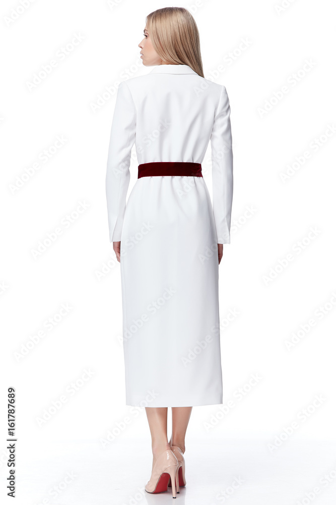 Fashion glamour sexy model beautiful woman pretty face long bold hair skin care perfect body shape white background makeup lady wear long dress style clothes for office party walk celebrity accessory.