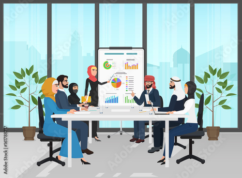 Arab muslim business people group presentation in office. Arabic Businesspeople team training conference. Meeting cartoon flat Vector Illustration.
