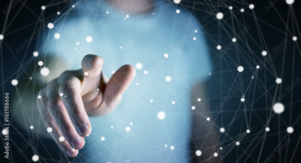 Businessman touching floating dot network 3D rendering Businessman touching floating dot network 3D rendering