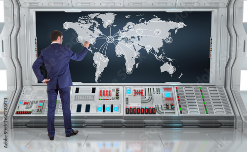 Businessman using digital planet earth interface on a board 3D rendering
