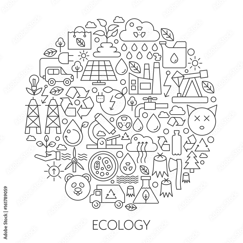 Ecology technology icons in circle - concept line infographic vector illustration for cover, emblem, badge. Outline icon set.