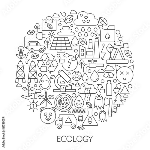 Ecology technology icons in circle - concept line infographic vector illustration for cover, emblem, badge. Outline icon set.