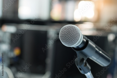 soft focus Microphone on blur abstract background lecture hall, seminar meeting room in business event