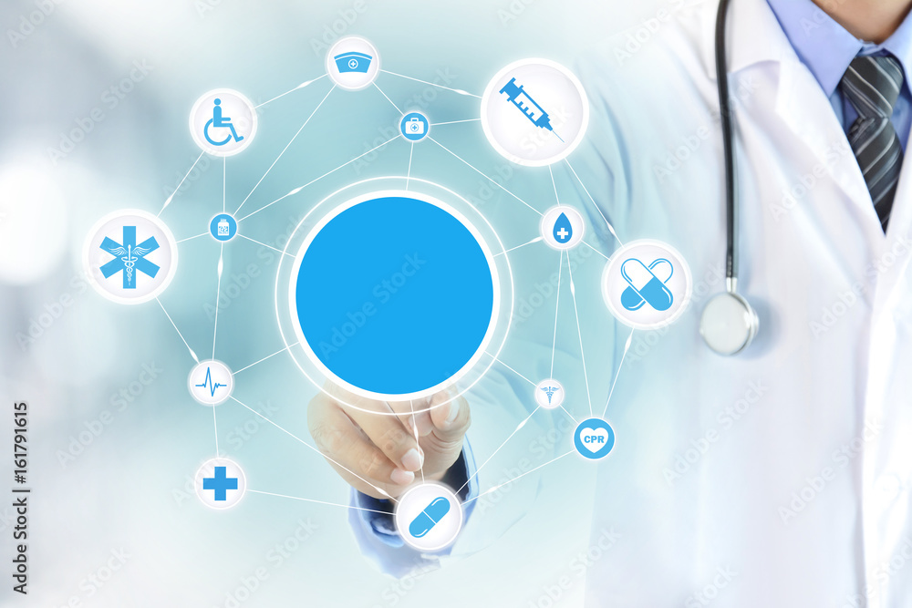 Doctor hand touching blank circle on virtual screen, healthcare and medical background concept Doctor hand touching blank circle on virtual screen, healthcare and medical background concept