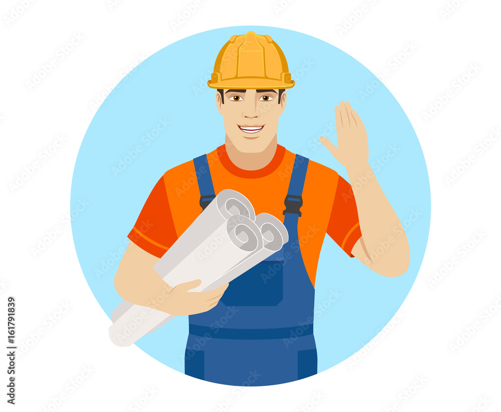 Builder with his hand raised up holding the project plans Builder with his hand raised up holding the project plans
