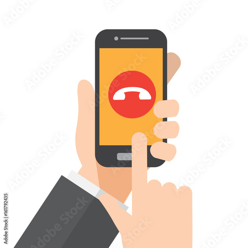 reject smartphone call , ignore ringing phone. hand holds smartphone. vector illustration.