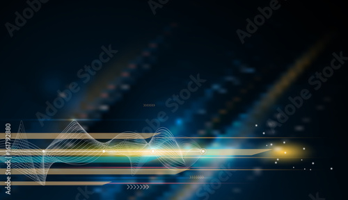 Vector Abstract, science, futuristic, energy technology concept. Digital image of light rays, stripes lines with blue light, speed and motion blur over dark blue background