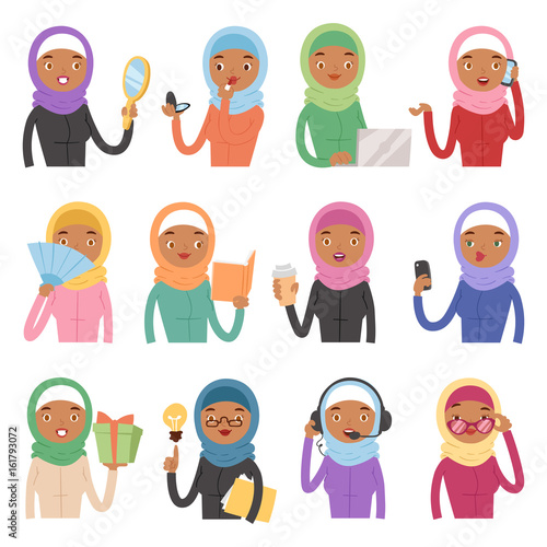 Arabic woman adult character different role Arabian Asia nationality islamic girl face in hijab vector illustration