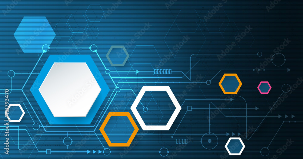 Vector illustration circuit board and 3d paper hexagons background. Hi-tech digital technology and engineering, digital telecom technology concept. Vector abstract futuristic on dark blue background