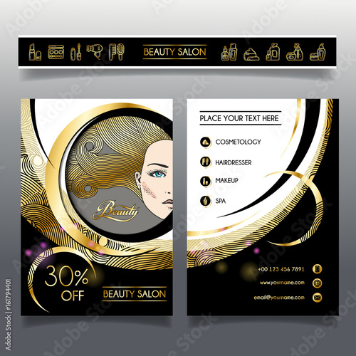 Template business brochure for beauty salon and hairdressing shop. Vector illustration face of girl and cosmetics icons for use on booklets, flyers, business card, discount voucher.