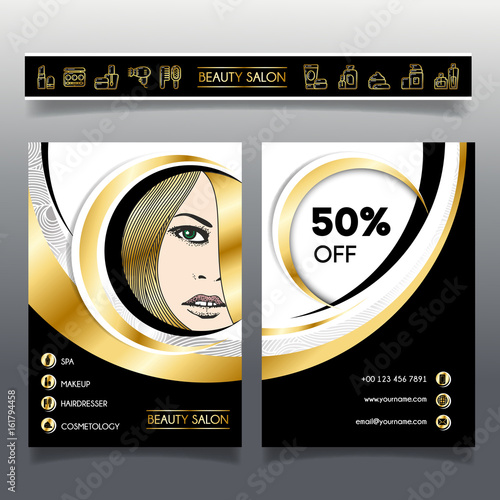Template business brochure for beauty salon and hairdressing shop. Vector illustration face of girl and cosmetics icons for use on booklets, flyers, business card, discount voucher.