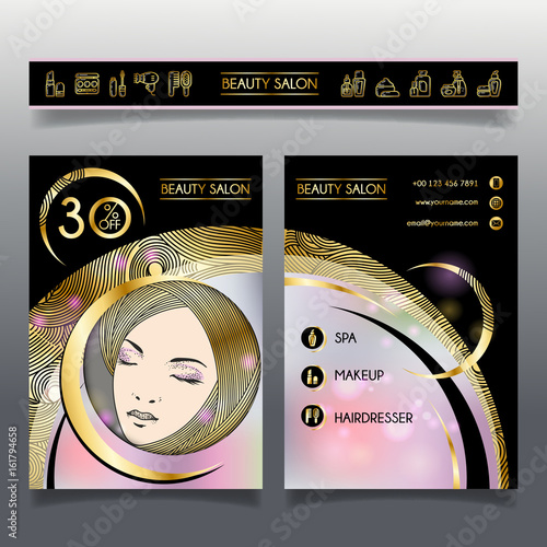 Template business brochure for beauty salon and hairdressing shop. Vector illustration face of girl and cosmetics icons for use on booklets, flyers, business card, discount voucher.