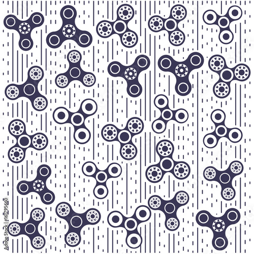 Vector illustration of pattern of different black fidget spinners. Creative concept of toy for stress relief annealing on white background.