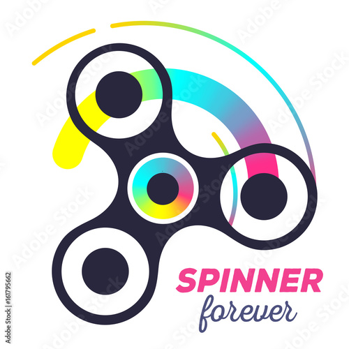 Vector illustration of toy for improvement of attention span. Creative concept of black fidget spinner with multicolor trace of rotation and text on white background. photo