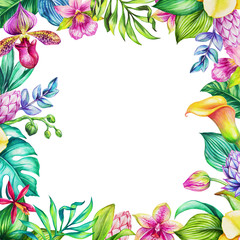 watercolor floral illustration, exotic nature, tropical flowers frame, orchid, green leaves, isolated on white background