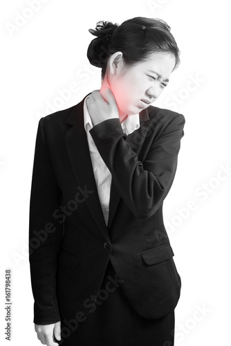 Acute pain and sore throat symptom in a businesswoman isolated on white background. Clipping path on white background.