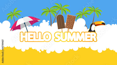 Hello Summer Abstract Vector Design with Rising Sun and Other Summer Design Elements