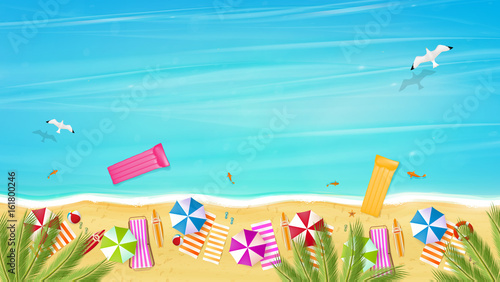 Aerial view of summer beach in photorealistic vector style with Hello Summer lettering.