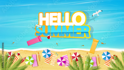 Aerial view of summer beach in photorealistic vector style with Hello Summer lettering.