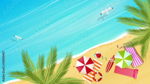 Aerial view of summer beach in photorealistic vector style.