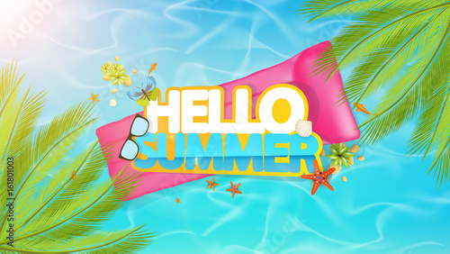 Hello Summer Lettering, Aerial view of Ocean Vector Art.