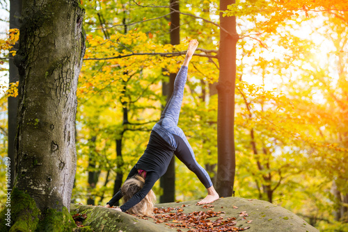 Attractive young female is practicing yoga and doing asana Adho Mukha Shvanasana in autumn park on the big boulder
