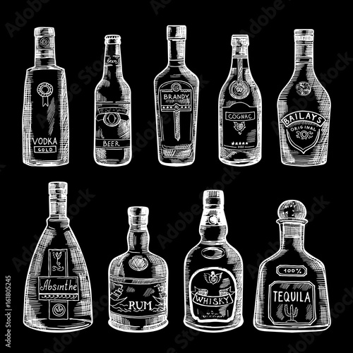 Hand drawn illustration of different bottles isolate on dark background. Vector pictures set