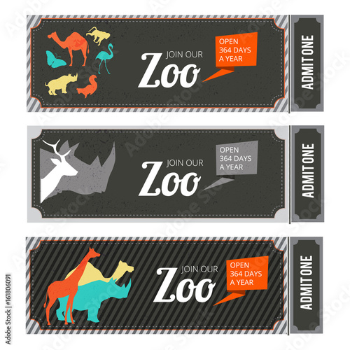 Design template of zoo tickets with different wild animals on it and place for your text