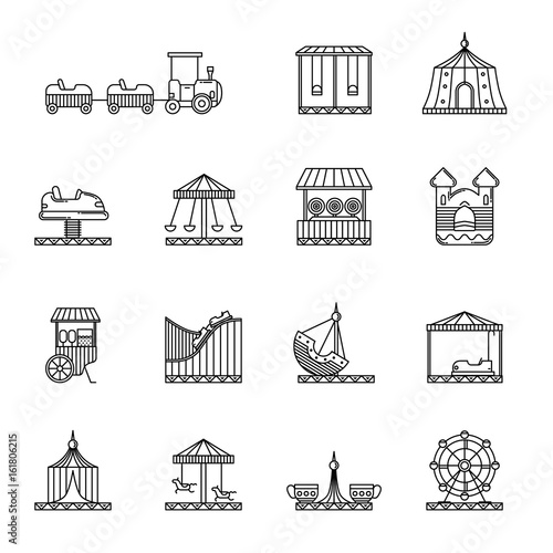 Amusement, circus and carousel linear vector icon set