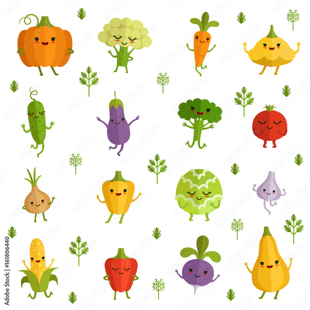 Vegetables characters with funny emotions. Vector illustration in comic style Vegetables characters with funny emotions. Vector illustration in comic style