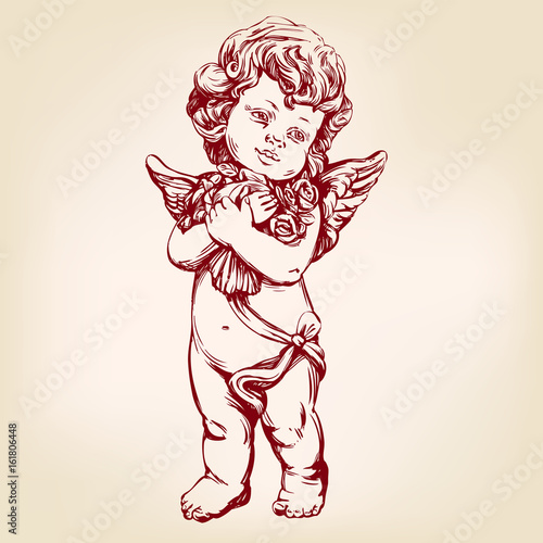 angel or cupid, little baby holds a bouquet of flowers, greeting card hand drawn vector illustration realistic sketch
