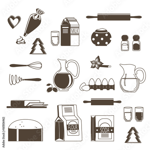 Food ingredients for baking and cooking. Monochrome vector illustration isolate on white