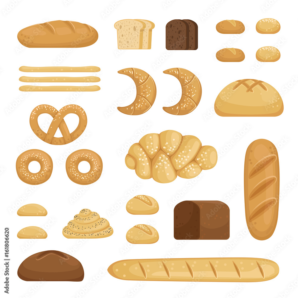 Different sorts of bread. Vector pictures of bakery food Different sorts of bread. Vector pictures of bakery food