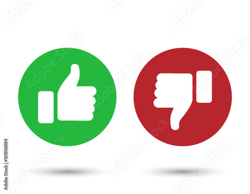 Illustration of red and green thumbs up and down buttons; isolated on white background.