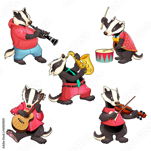 Group of funny badgers are playing music