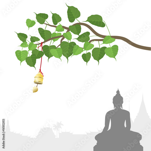 Buddha statue and Bodhi tree with Golden bell of thai tradition, Visakha Puja Day, vector illustration.