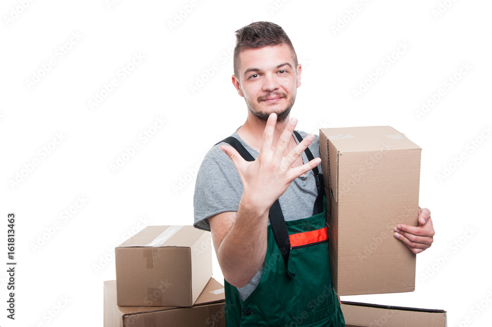 Mover guy holding cardboard box showing number five Mover guy holding cardboard box showing number five