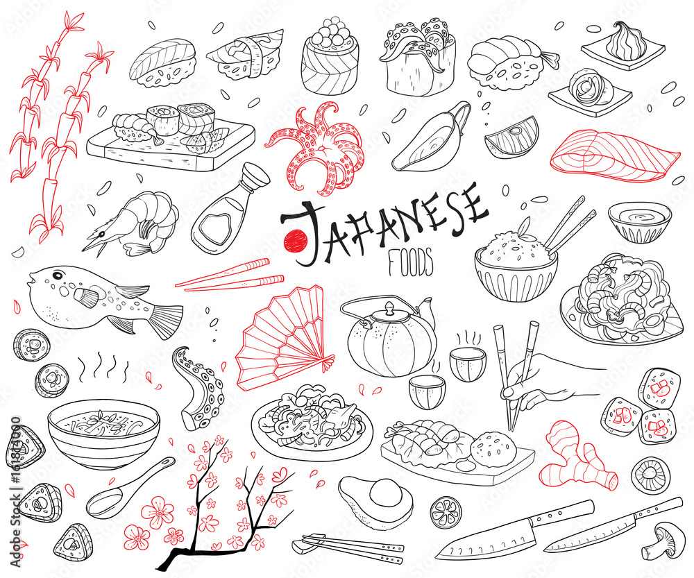 Hand Drawn Japanese Cuisine Elements Set
