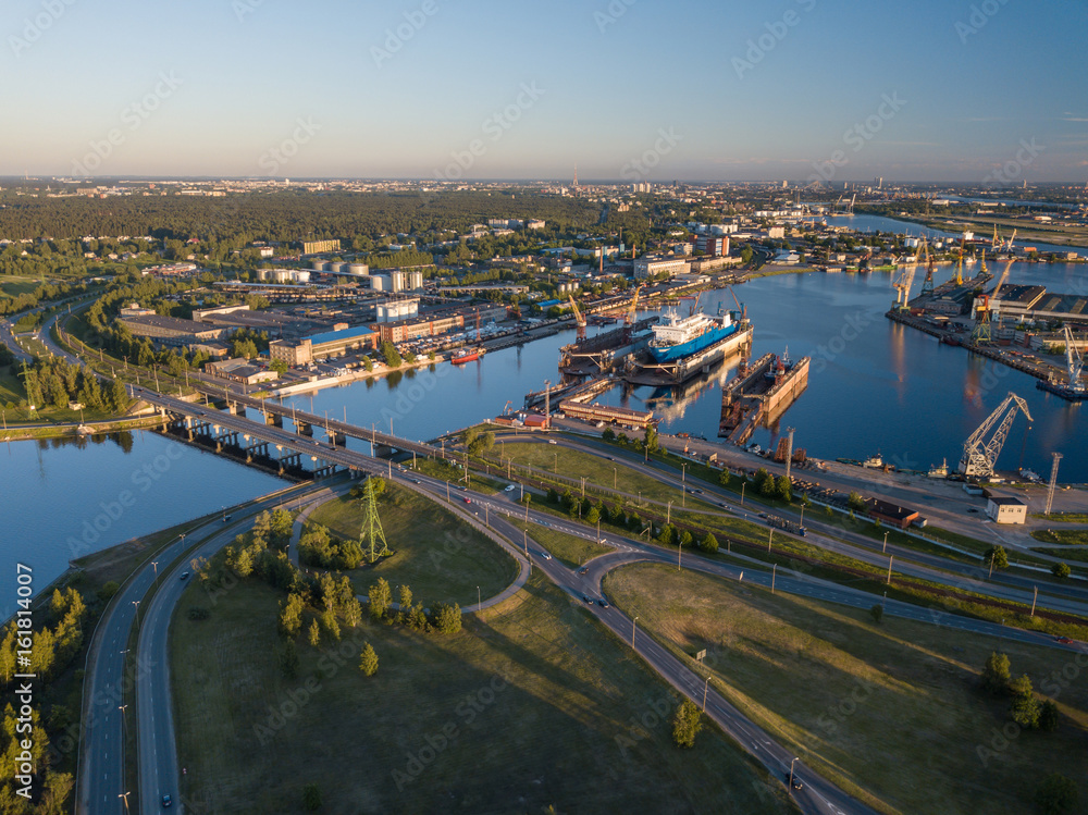 Fototapeta premium The ship is at the dock of the shipyard. Riga, Latvia, Daugava.