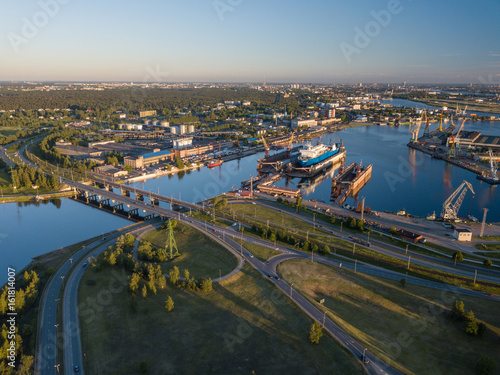 The ship is at the dock of the shipyard. Riga, Latvia, Daugava.