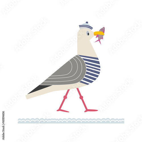 Sea gull icon. Freehand cartoon style. ute gull bird with fish. Seabird marine symbol isolated. Stylized nautical animal emblem. Element project banner background. Vector design advertisement label